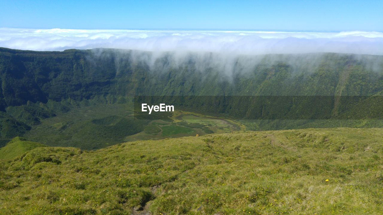 Scenic view of volcano crater at faial island