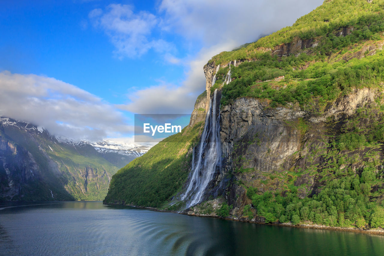 The seven sisters waterfalls in the geirangerfjord in the morning