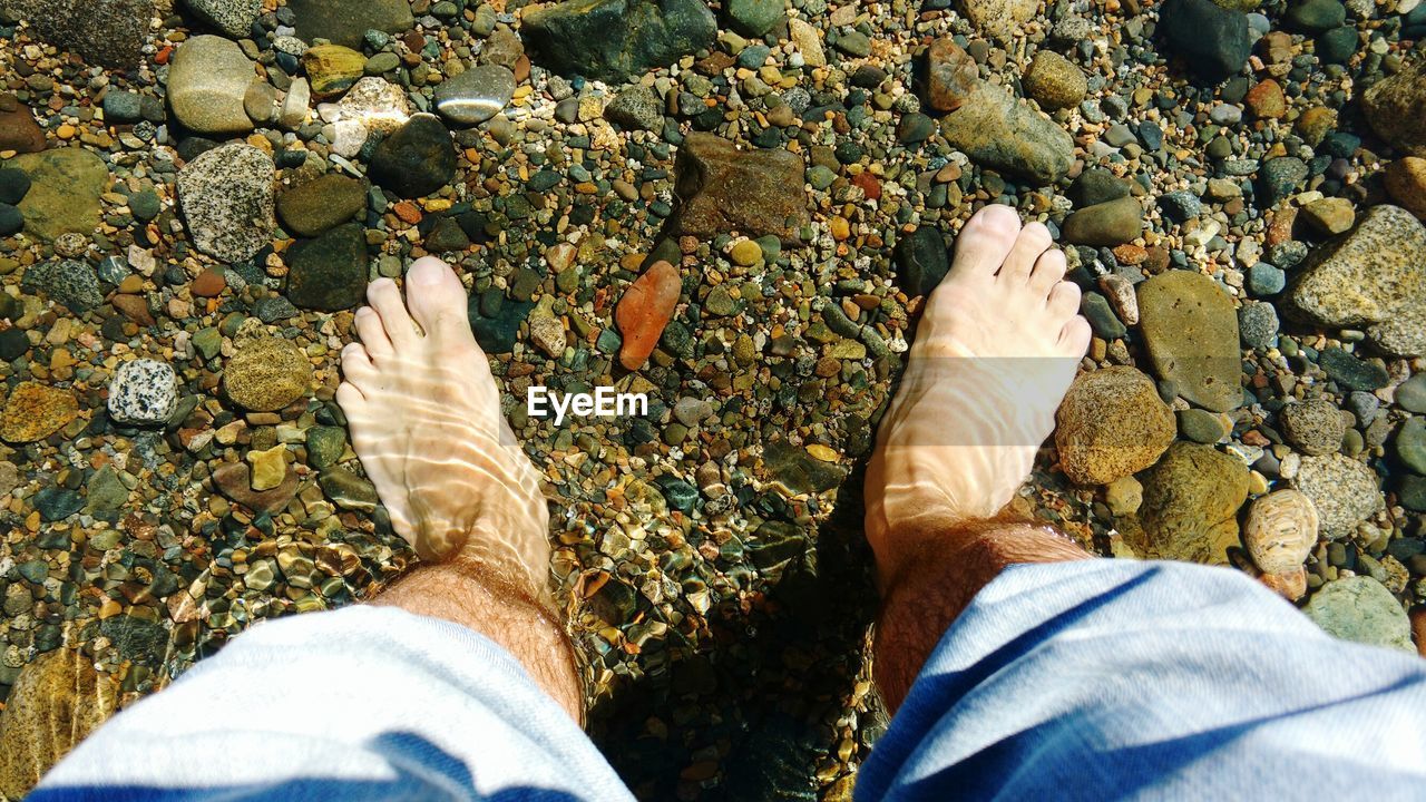 Directly above view of man feet in shallow water