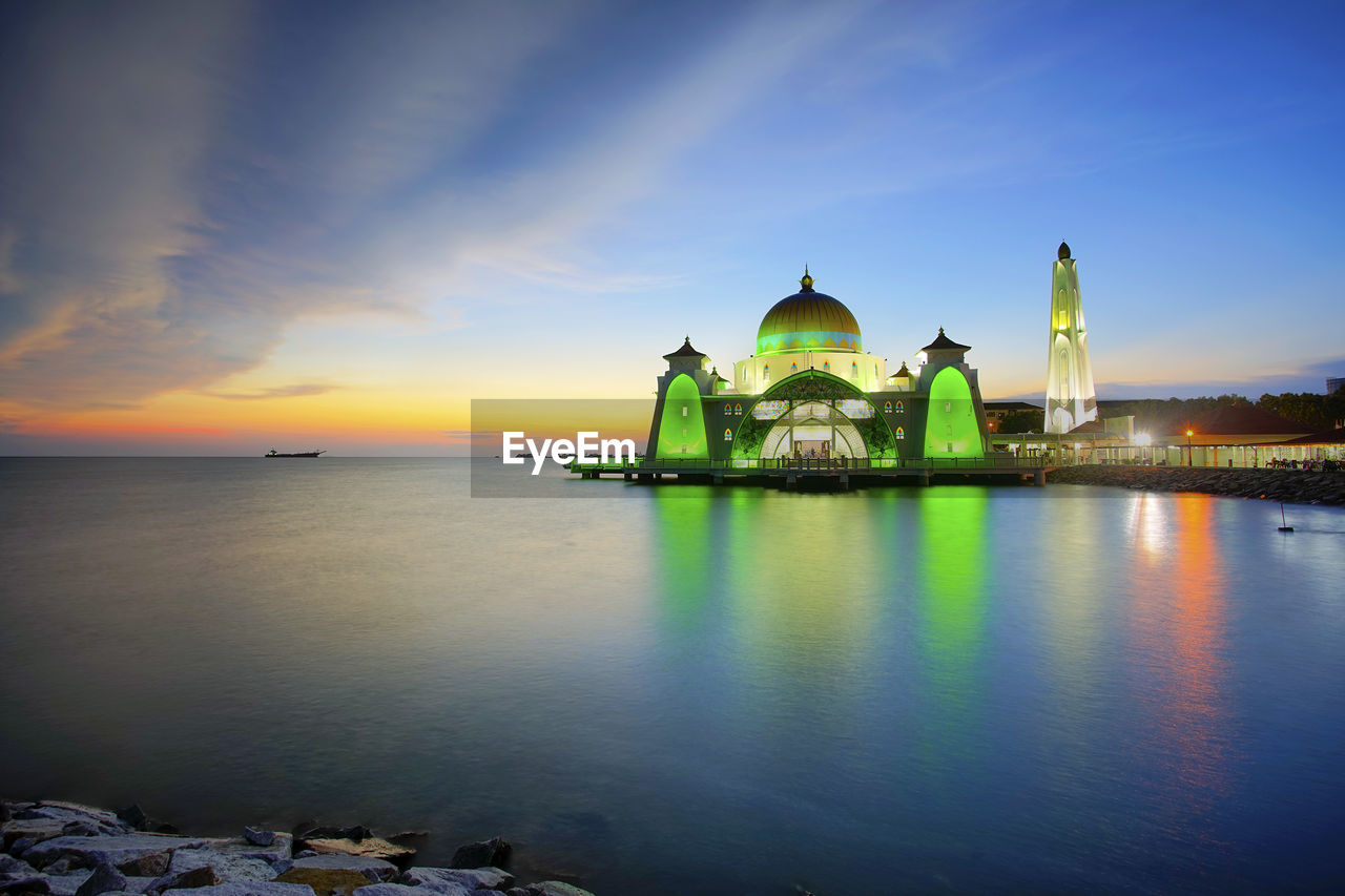 Beautiful view of majestic malacca straits mosque during sunset