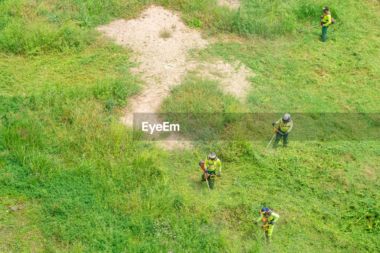 High angle view of people on field