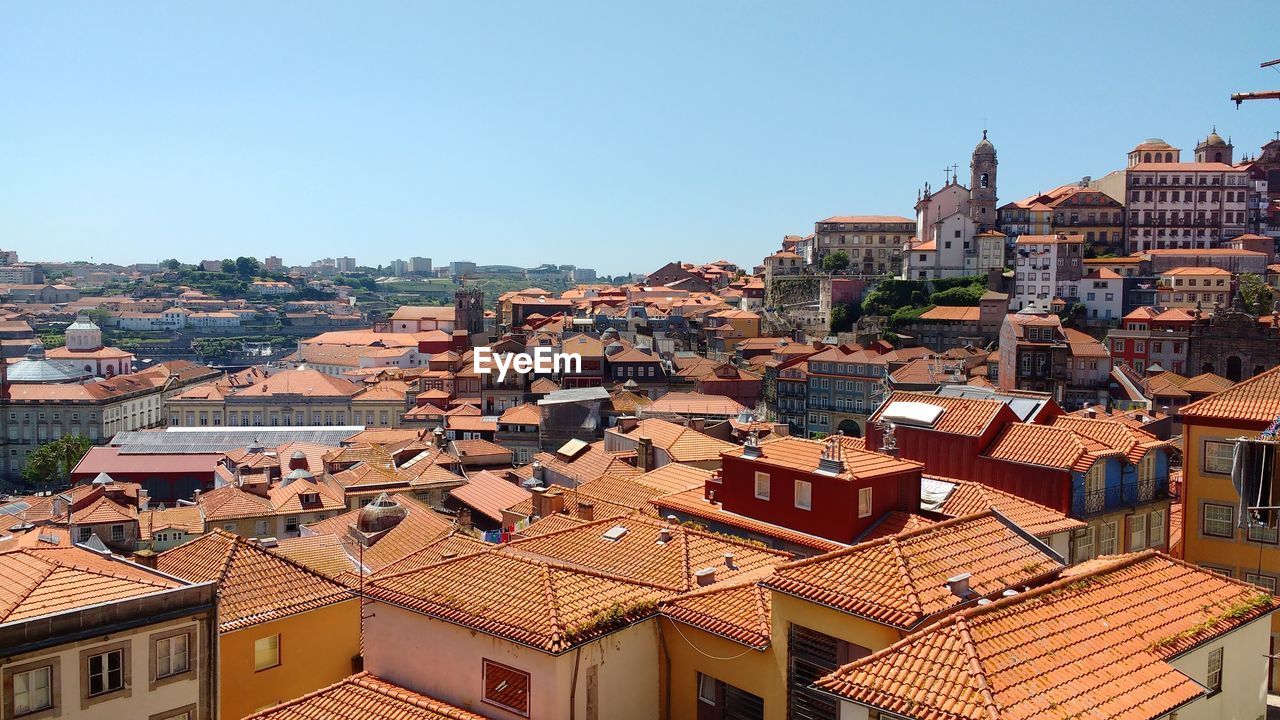 Aerial view of cityscape against clear sky