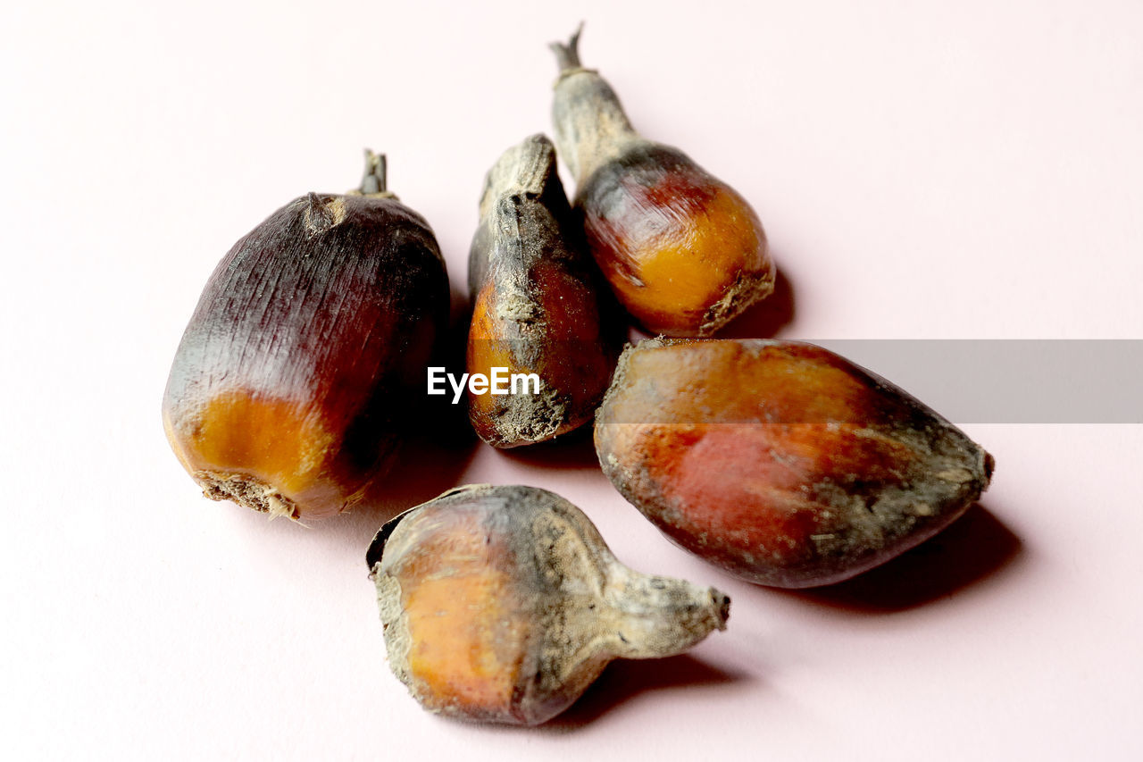 HIGH ANGLE VIEW OF FRUITS AND WHITE AGAINST GRAY BACKGROUND