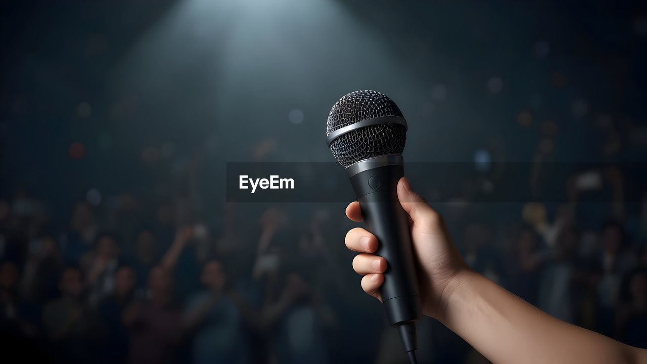 midsection of woman holding microphone