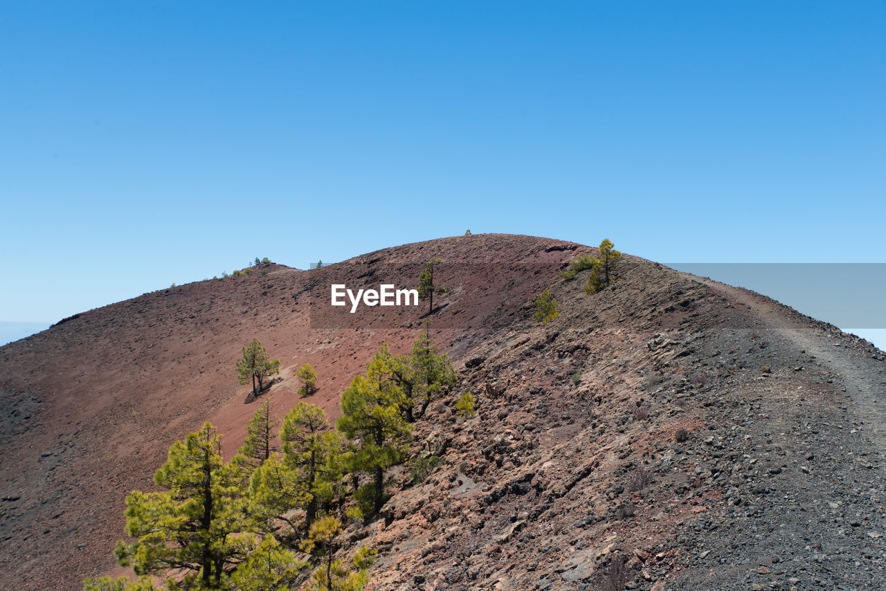 Low angle view of mountain against clear blue sky