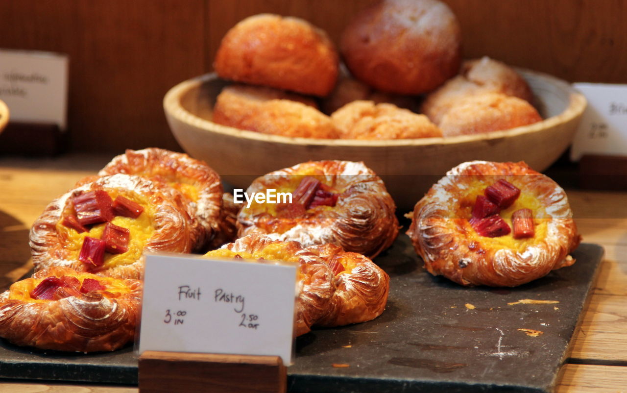 Close-up of pastries on display