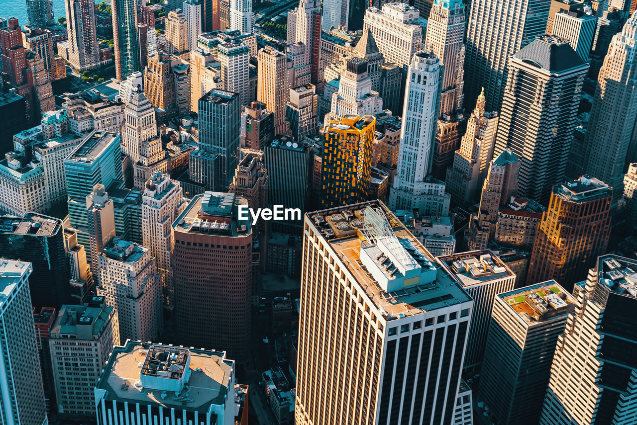 High angle view of modern buildings in city