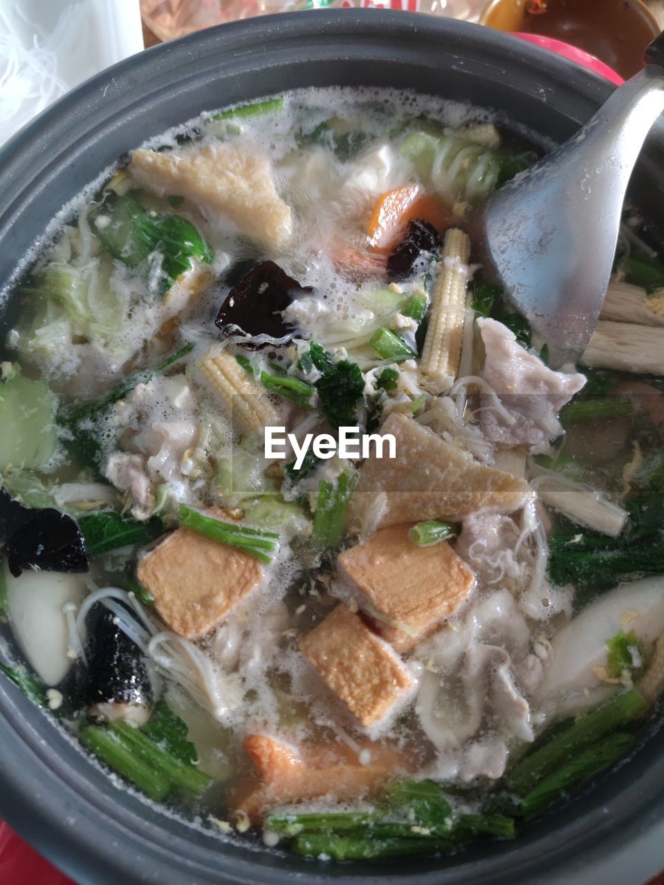 food, food and drink, nabemono, healthy eating, dish, soup, kitchen utensil, vegetable, asian food, meat, no people, household equipment, indoors, cuisine, wellbeing, bowl, hot pot, cooking pan, high angle view, heat, chinese food, meal, kuy teav, freshness, stew, close-up, culture