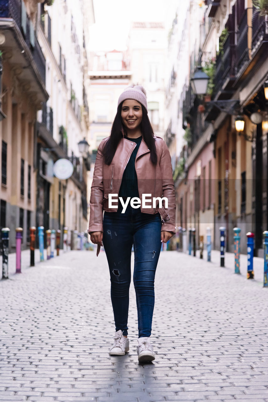 Portrait of a happy beautiful caucasian woman with wool hat