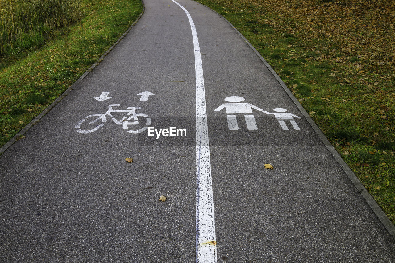 Bicycle lane sign and pedestrian lane sign painted on the road asphalt