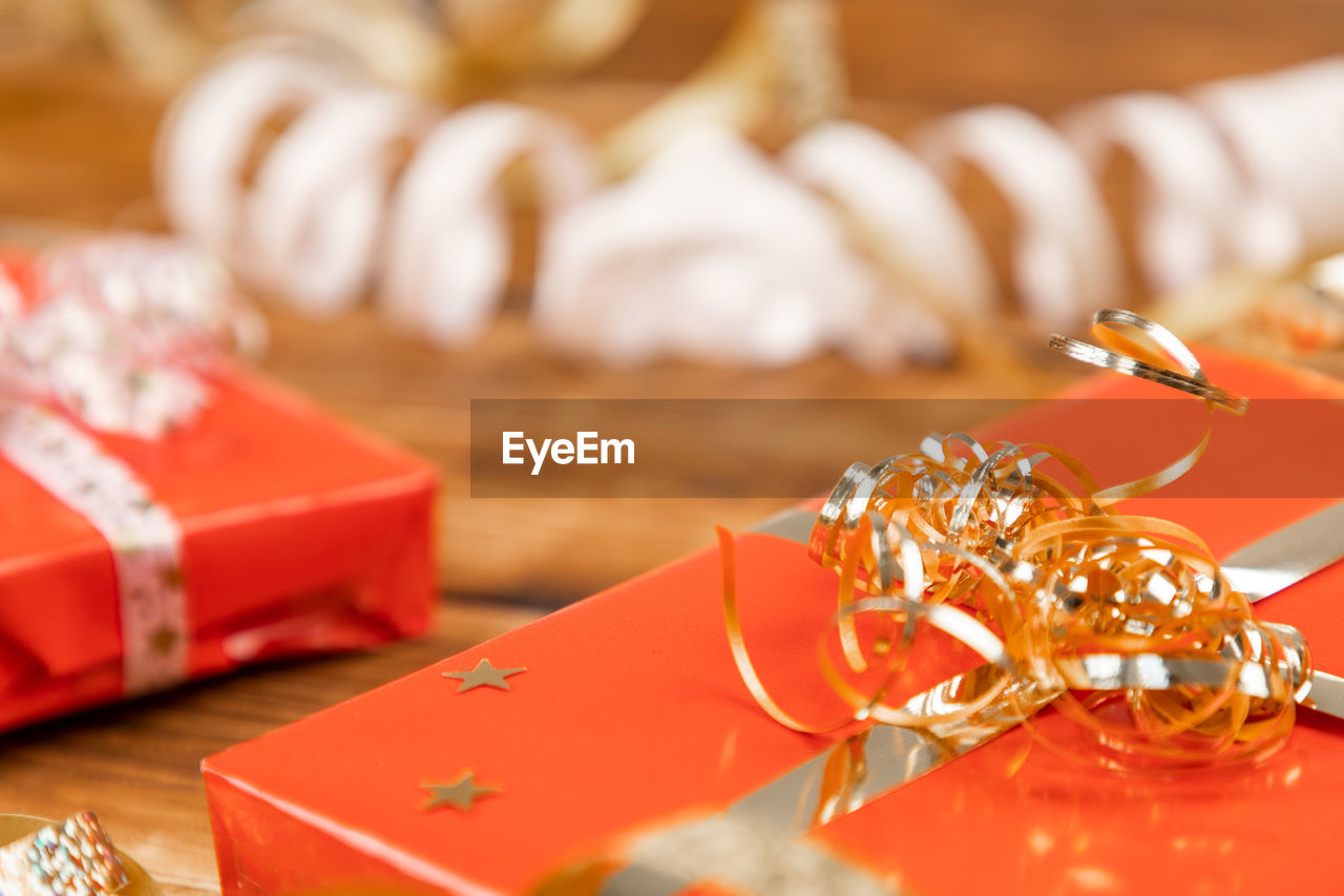 Close-up of christmas decorations on table