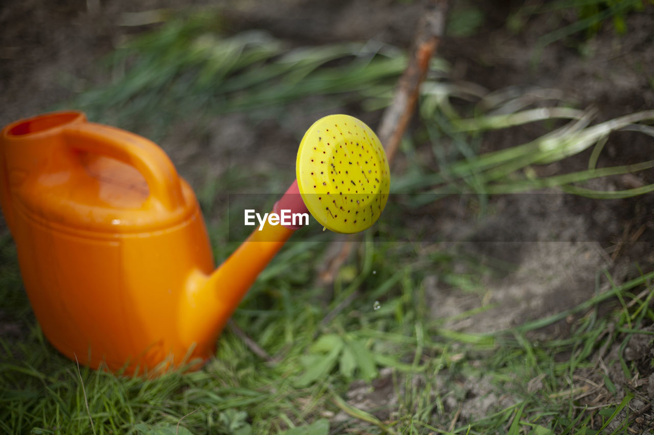 Watering can for watering garden. orange watering can with yellow shower. 