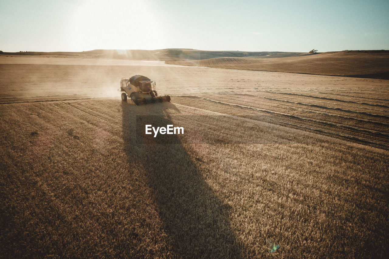 Dry fields at sunset from aerial view