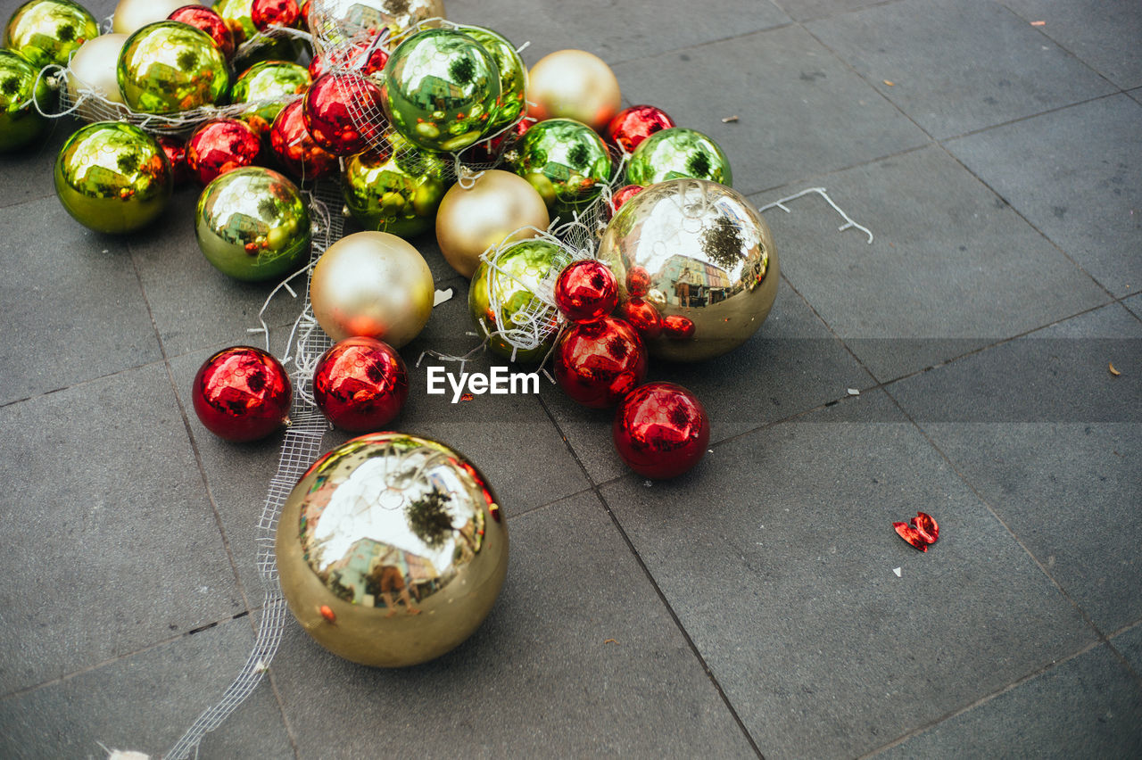 High angle view of christmas ornaments on floor