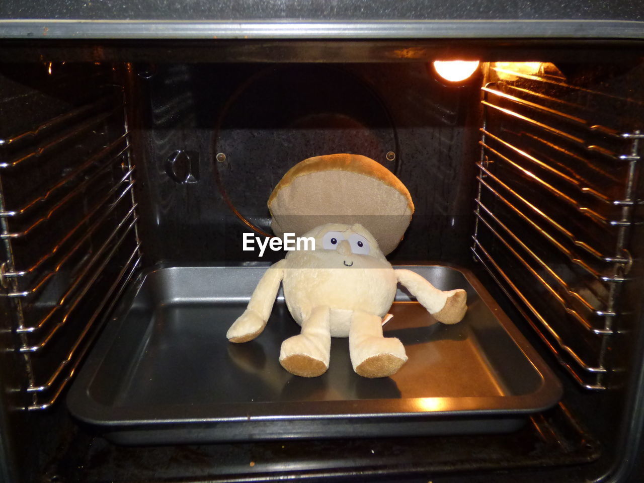 Close-up of stuffed toy in oven