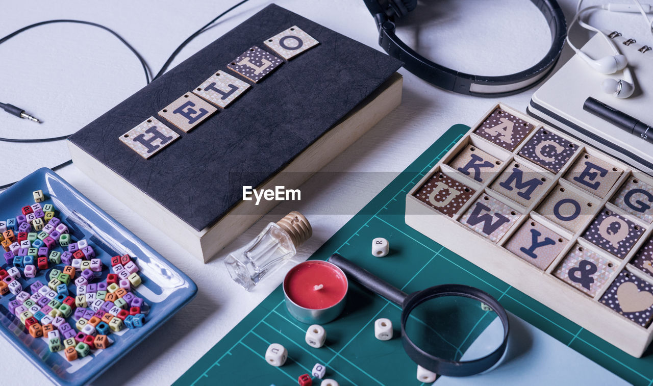 High angle view of various objects on table