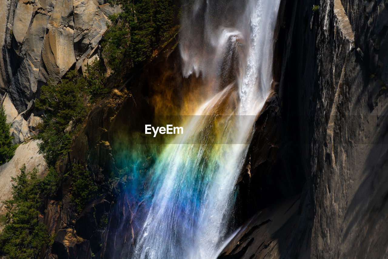 Scenic view of waterfall with rainbow