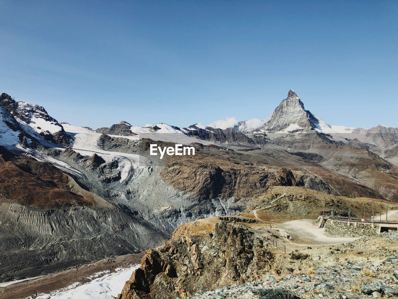 Scenic view of snowcapped mountains and matterhorn against clear sky