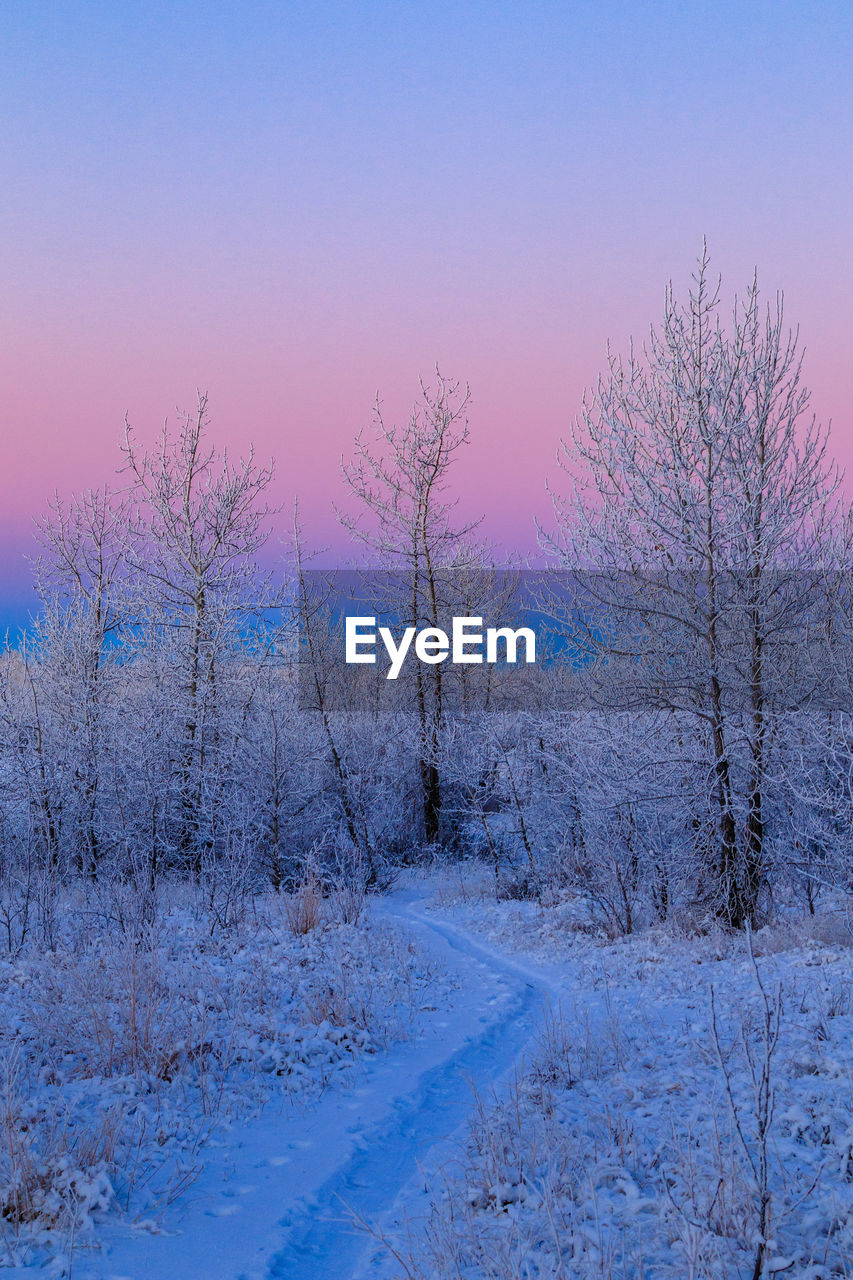 Snow covered land against sky during sunrise 