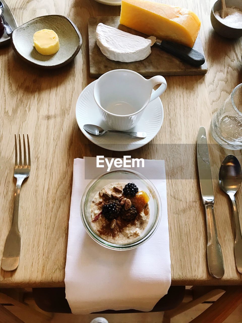 High angle view of breakfast served on table