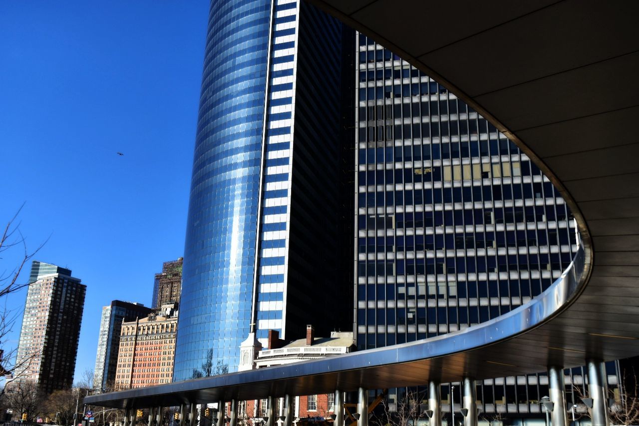 Low angle view of buildings against clear sky