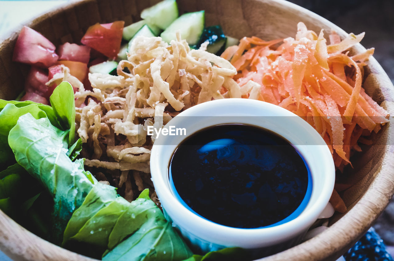 High angle view of food in bowl on table