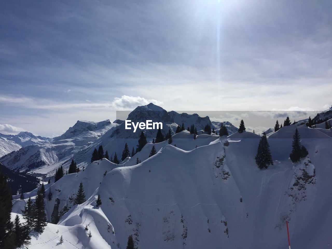 Panoramic view of snow covered mountains against sky