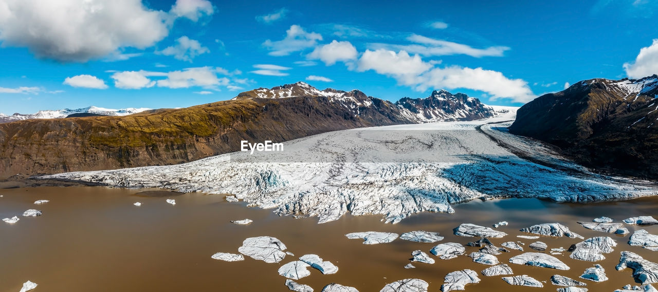 Aerial panoramic view of the skaftafell glacier, iceland