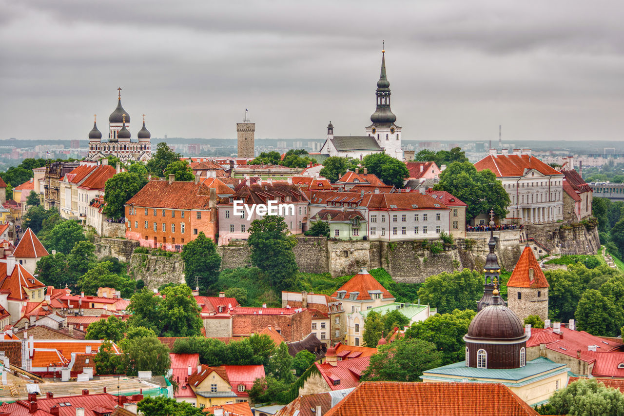 High angle view of town against sky