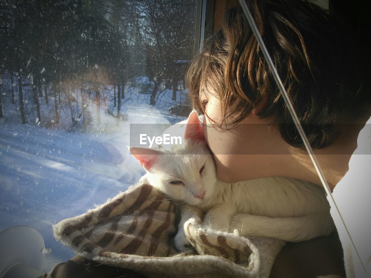 Close-up of girl kissing cat while looking through window during winter