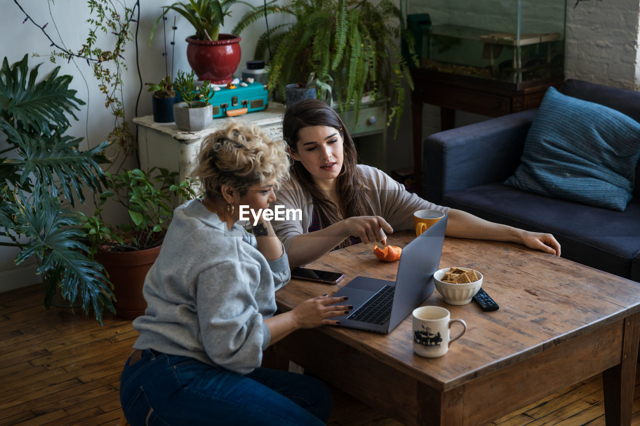 High angle view of woman pointing while friend using laptop at table in living room