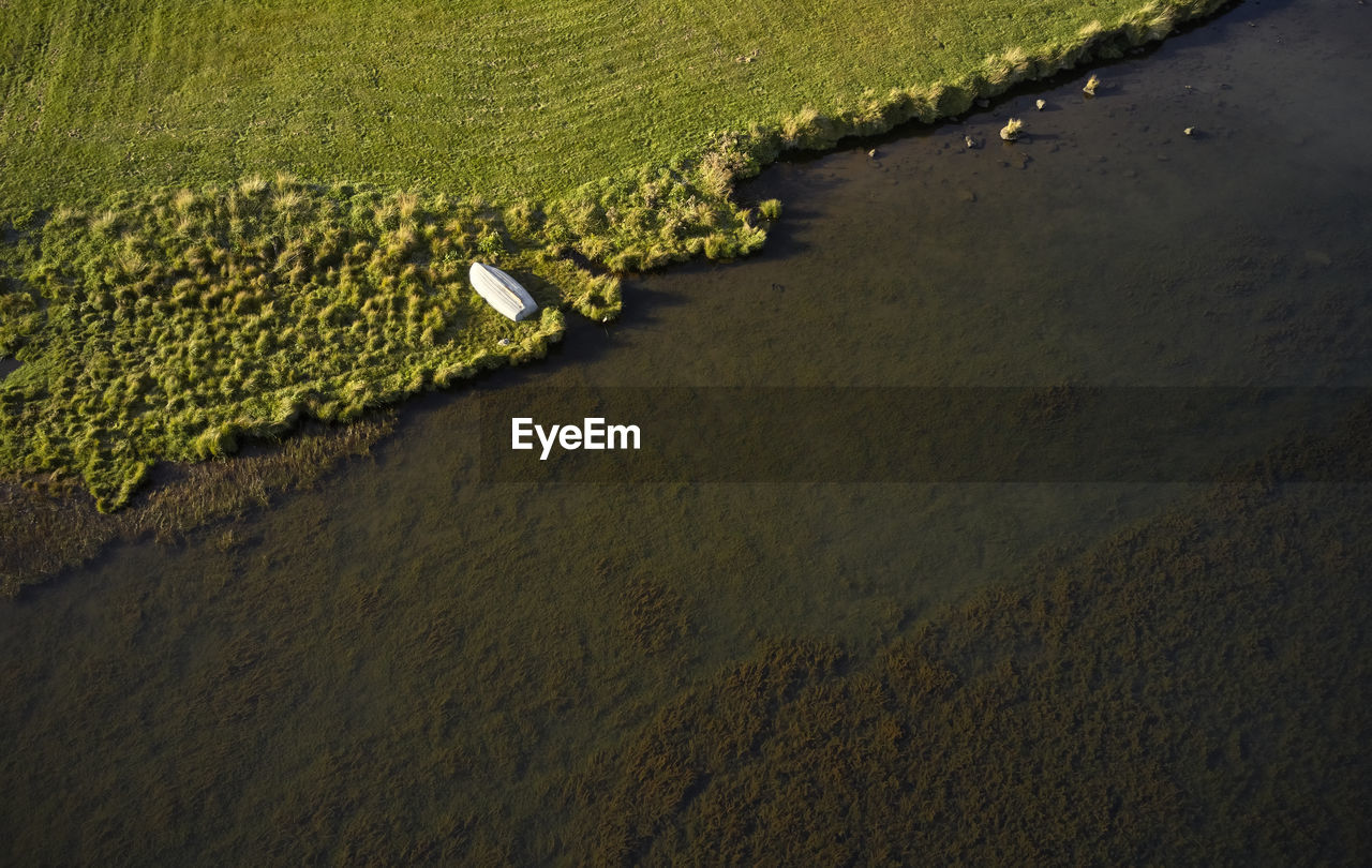 White wooden boat drying out on grassy beach of tranquil river