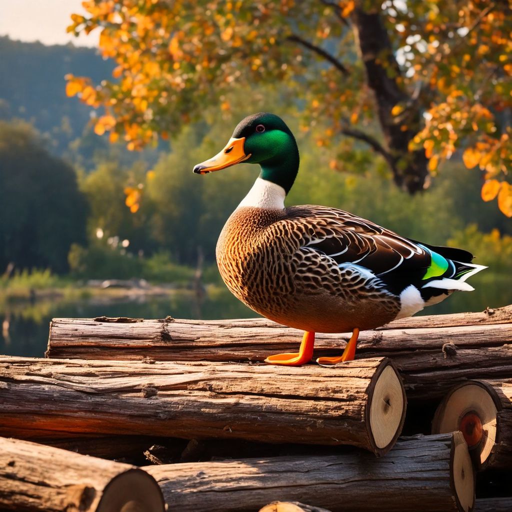 duck, bird, animal themes, animal, animal wildlife, wildlife, ducks, geese and swans, nature, water bird, tree, wood, poultry, autumn, mallard, one animal, no people, outdoors, beauty in nature, day, water, plant, lake, mallard duck, multi colored, focus on foreground, plant part, leaf, full length