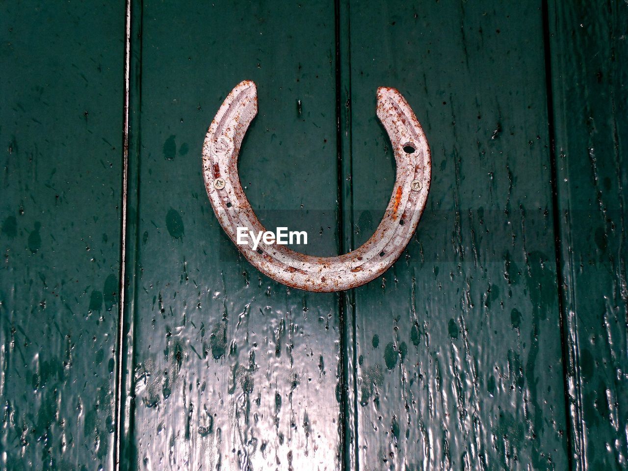 Close-up of horseshoe on door