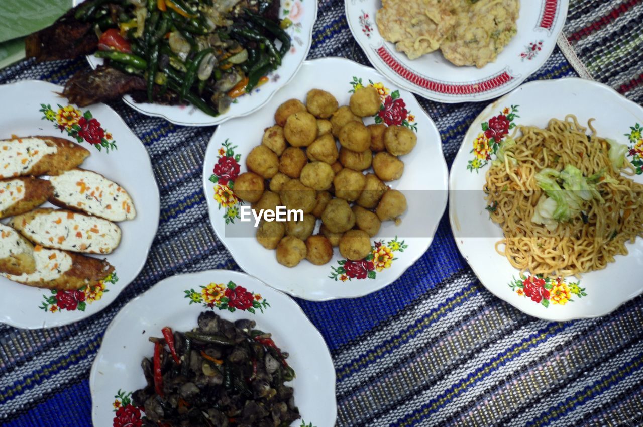 High angle view of food served on table