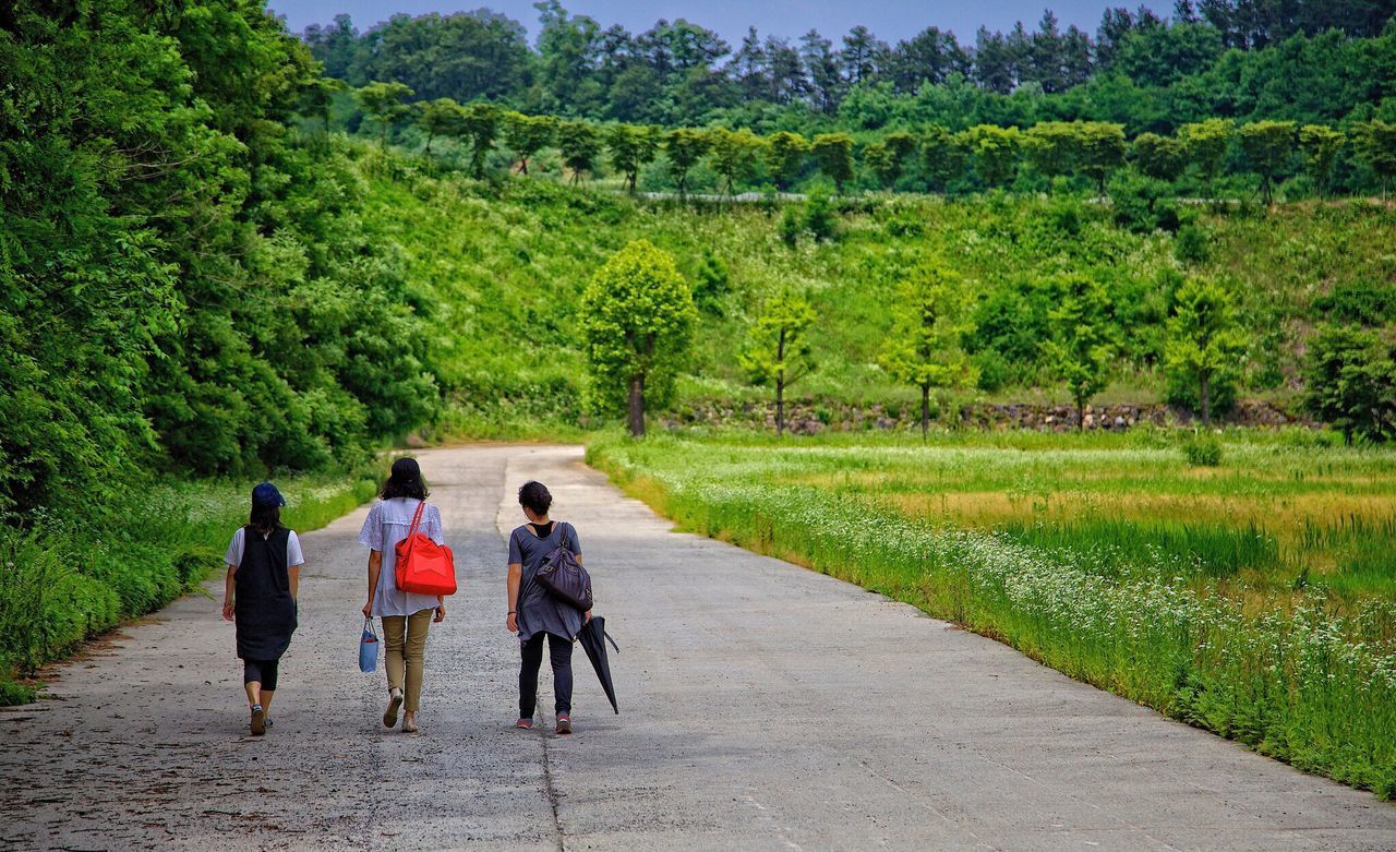 Rear view of women walking on road amidst field