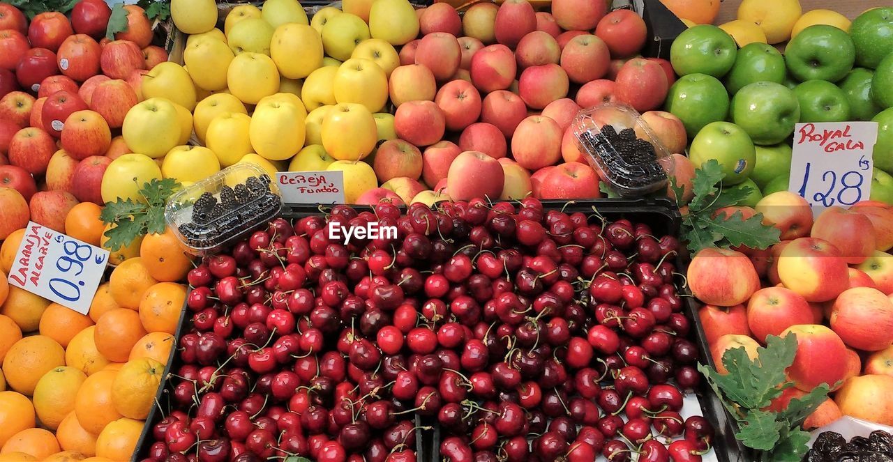 High angle view of fruits for sale at market stall