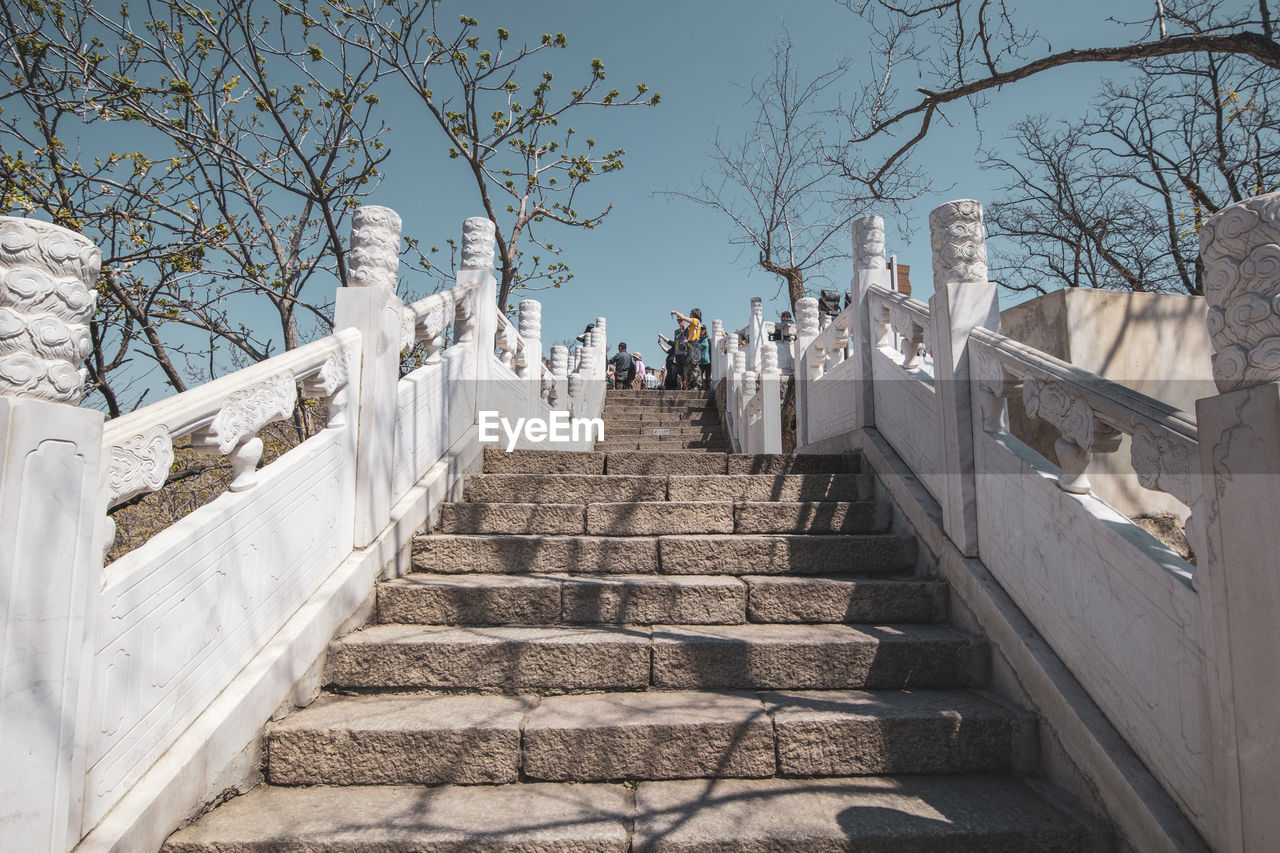 LOW ANGLE VIEW OF PEOPLE ON STAIRCASE AGAINST BUILDING