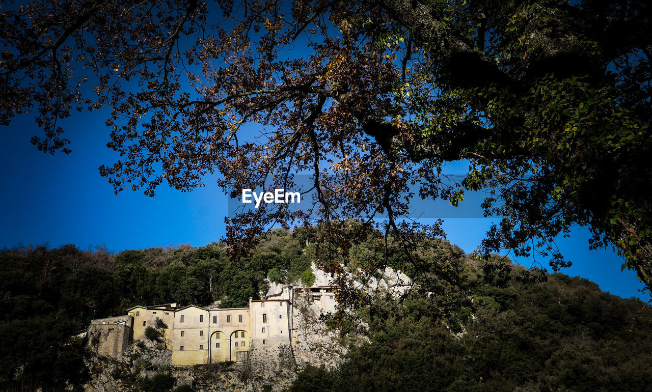 tree, plant, nature, sky, architecture, no people, sunlight, built structure, leaf, blue, beauty in nature, flower, growth, land, mountain, outdoors, building exterior, autumn, morning, scenics - nature, forest, clear sky, building, tranquility, landscape, travel destinations, day, history, cloud, reflection