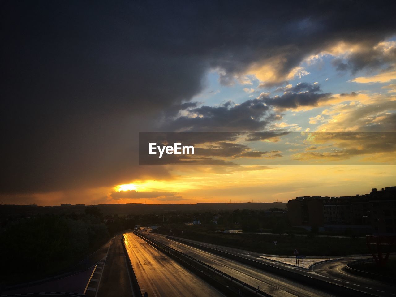 High angle view of highway during sunset