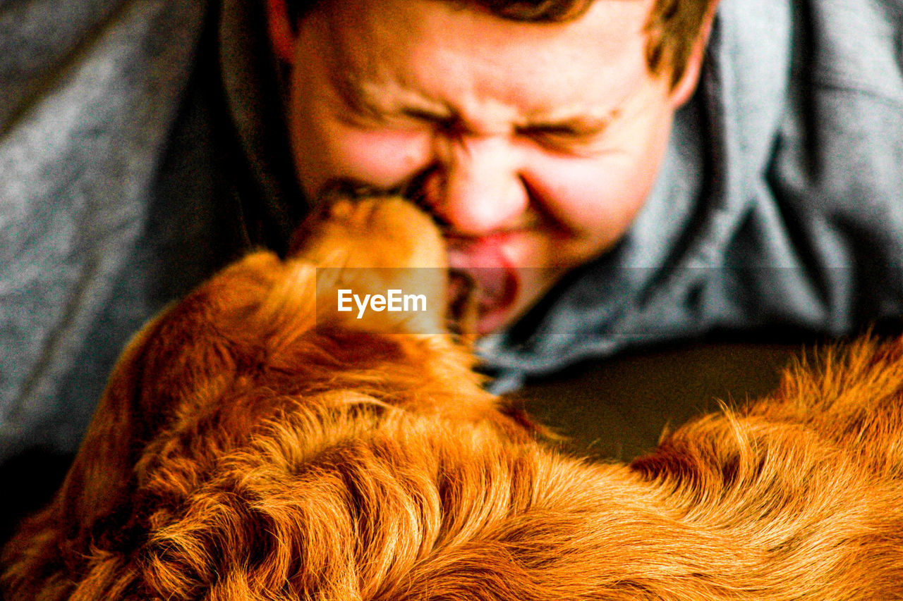 mammal, pet, one animal, domestic animals, animal themes, animal, one person, skin, nose, dog, canine, cat, indoors, emotion, adult, portrait, men, relaxation, close-up, lifestyles, young adult, person, headshot, human head, furniture, sleeping, eyes closed, child