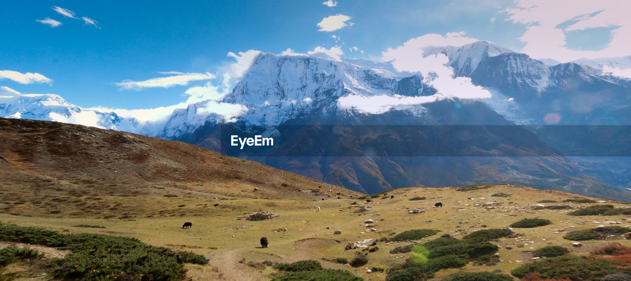 Scenic view of snowcapped mountains against blue sky during sunny day