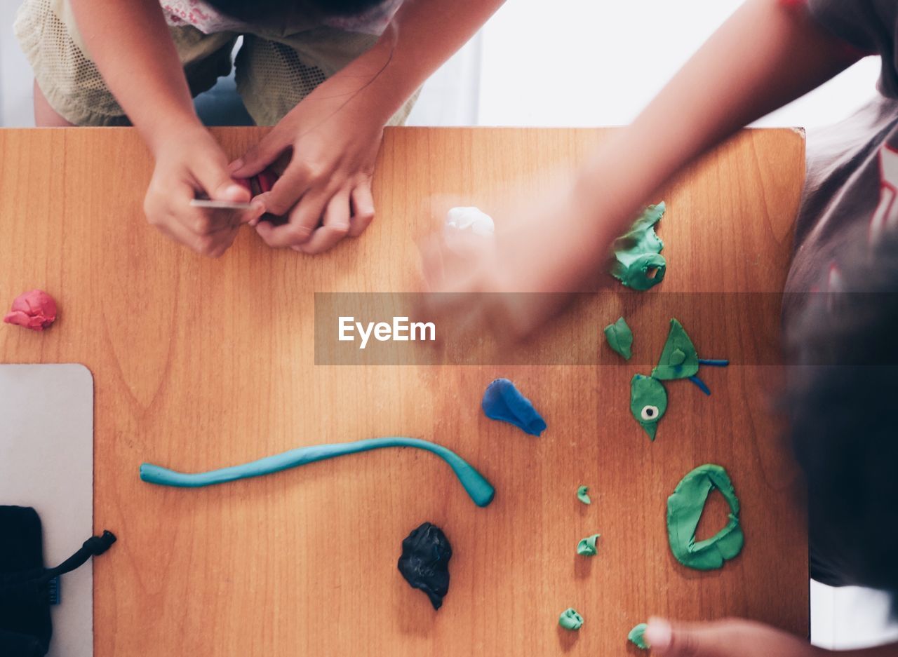 Directly above shot of boy and girl making animals with clay on table