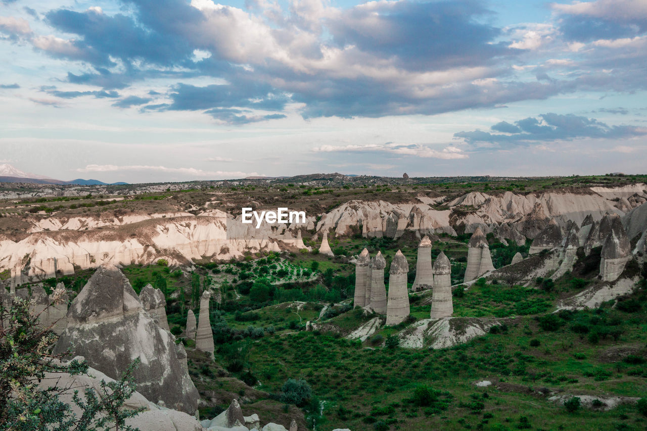 View of rock formations against cloudy sky