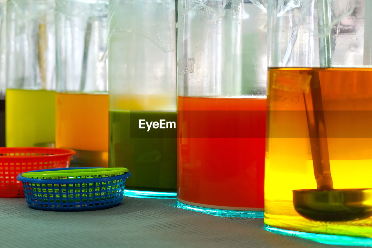 CLOSE-UP OF MULTI COLORED CANDIES IN GLASS