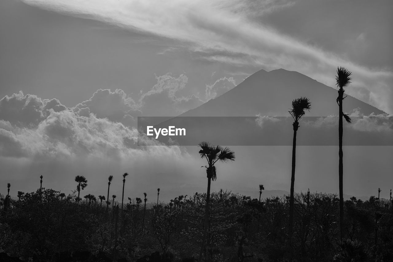 Agung volcano in east bali, indonesia. black and white photo