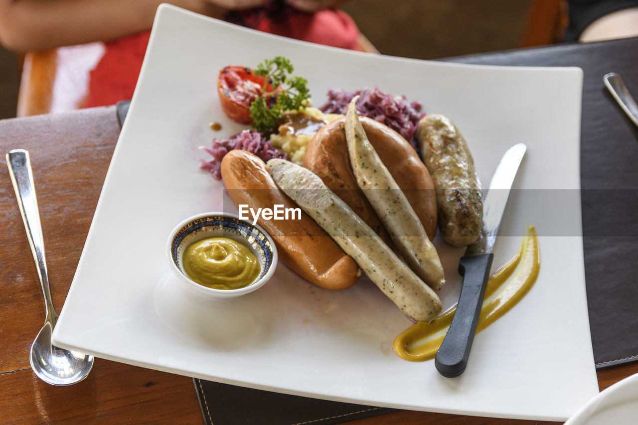 High angle view of food served in plate on table