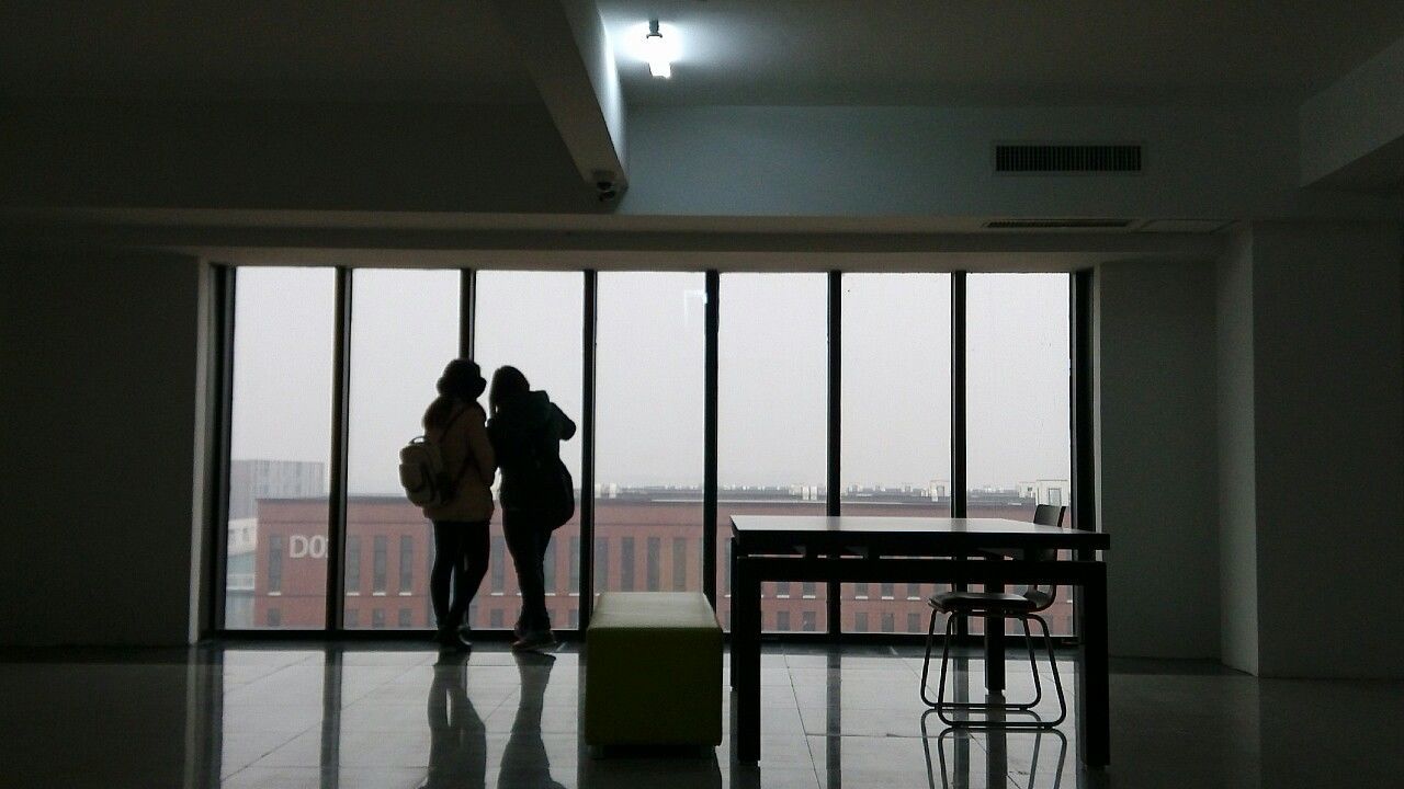 Rear view of women standing against glass window at office