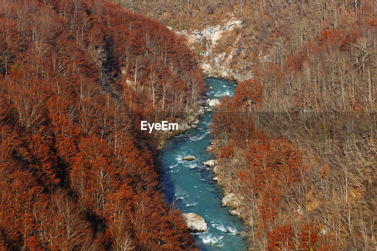 High angle view of river flowing through rock