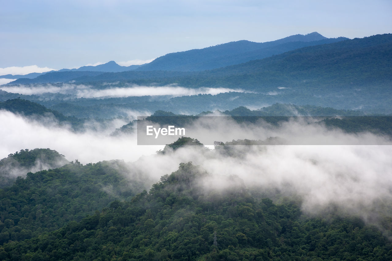 Beautiful mist over green forest on mountain, aerial view sunrise over the mountain range thailand, 